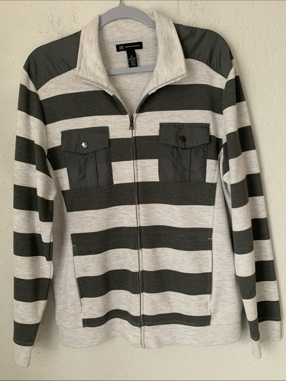 INC International Concepts Men Striped Zip Jacket Sweater Pockets Size L